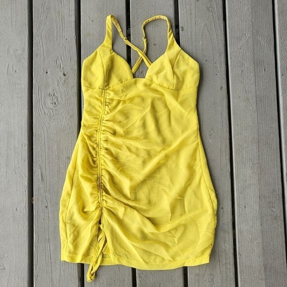 Superdown Irina Ruched Dress‎ Mini Fitted Front Slit Party Yellow Medium - Picture 4 of 8
